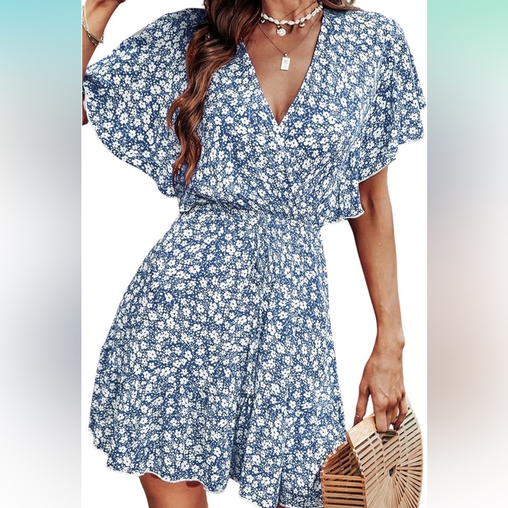 Flared Sleeve Ditsy Floral Print Summer Short Dress /Size 14